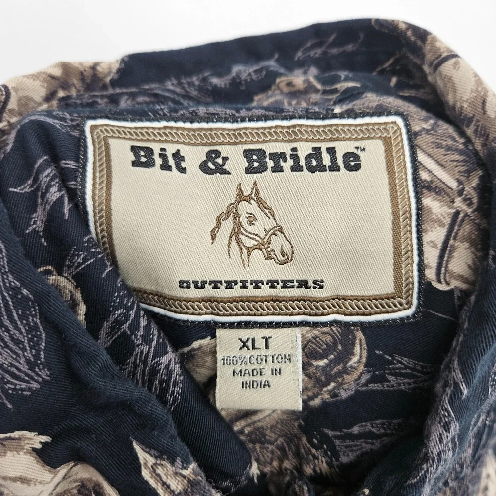 Bit & Bridle Shirt Mens XLT Black Western Horses All Over Button Short Sleeve